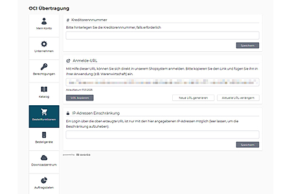 OCI-Konfigurationsbereich im avanta Webshop