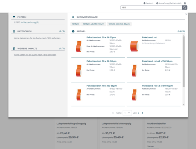 Produktsuche im Webshop für Verpackungen powered by avanta