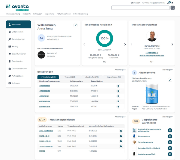 avanta Kundenportal Dashboard