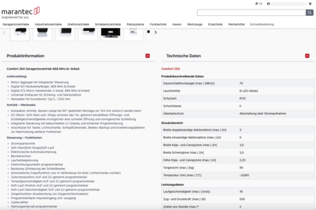 Produktdetailseite mit technischen Details