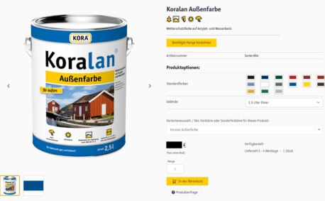 Produktdetailseite im Kora Webshop mit übersichtlicher, ansprechender Produktdarstellung
